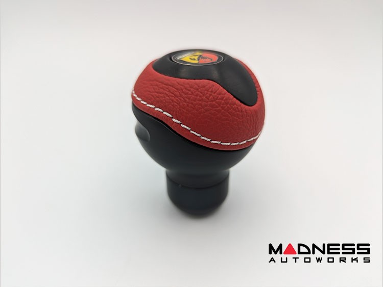 FIAT 500 Gear Shift Knob by BLACK Black Base/ Red Leather Top + Chrome ABARTH Logo V1
